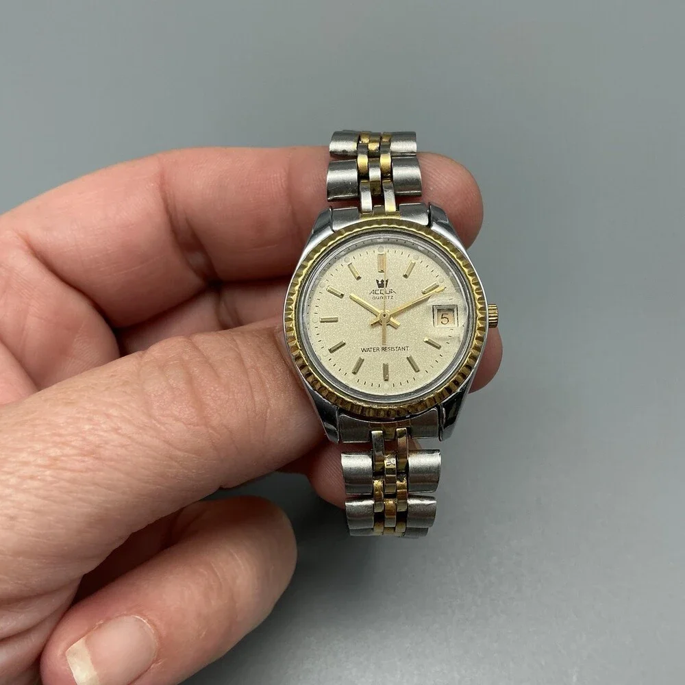 Vintage Timex Aqua Womens Watch 25mm Two Tone Date Fluted New Battery 6.75